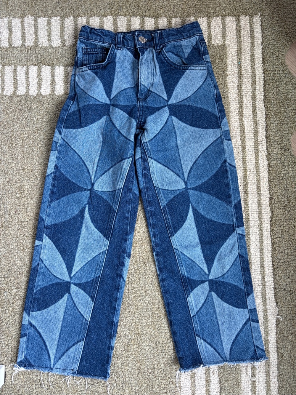 Zara Blue Geometric Patchwork Straight Jeans